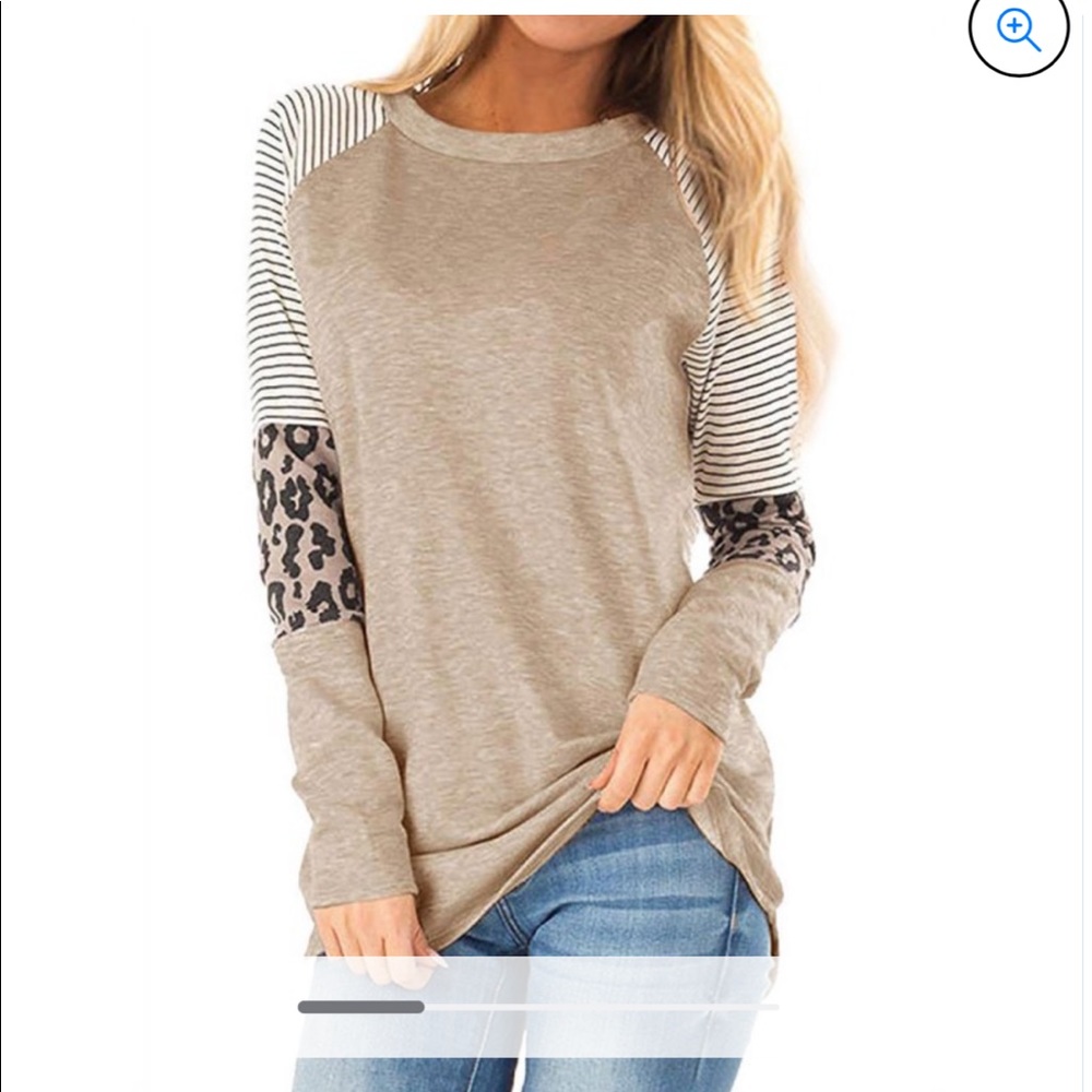 Women Crew Neck Long Sleeve Stripes Leopard Print Top
